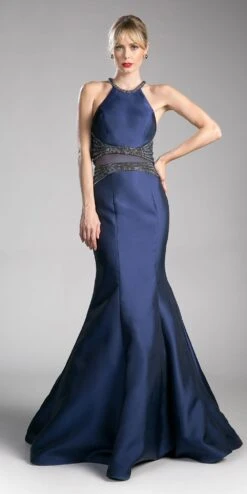 Cinderella Divine CB0023 Two-Piece Mermaid Gown Halter Crop Top(Two Piece Mermaid Prom Gown Halter Crop Top Navy Blue)
