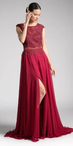 Cinderella Divine CD0113 Illusion Beaded Formal Gown Cap Sleeves(Mauve Illusion Beaded Formal Gown Cap Sleeves With Slit) -Dress Promotion Store cd0113 burgundy