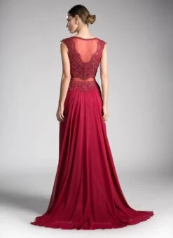 Cinderella Divine CD0113 Illusion Beaded Formal Gown Cap Sleeves(Mauve Illusion Beaded Formal Gown Cap Sleeves With Slit) -Dress Promotion Store cd0113 burgundy back