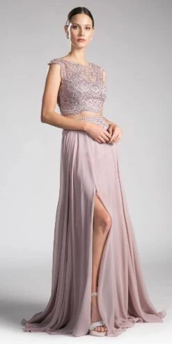 Cinderella Divine CD0113 Illusion Beaded Formal Gown Cap Sleeves(Mauve Illusion Beaded Formal Gown Cap Sleeves With Slit)