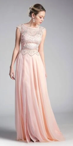 Cinderella Divine CD0113 Illusion Beaded Formal Gown Cap Sleeves(Mauve Illusion Beaded Formal Gown Cap Sleeves With Slit) -Dress Promotion Store cd0113 peach