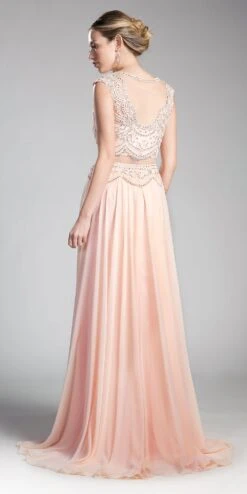 Cinderella Divine CD0113 Illusion Beaded Formal Gown Cap Sleeves(Mauve Illusion Beaded Formal Gown Cap Sleeves With Slit) -Dress Promotion Store cd0113 peach back