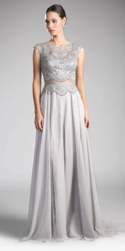 Cinderella Divine CD0113 Illusion Beaded Formal Gown Cap Sleeves(Mauve Illusion Beaded Formal Gown Cap Sleeves With Slit) -Dress Promotion Store cd0113 silver