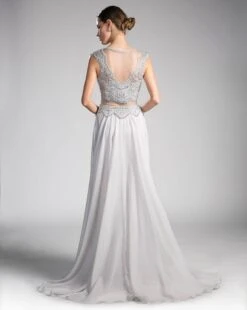 Cinderella Divine CD0113 Illusion Beaded Formal Gown Cap Sleeves(Mauve Illusion Beaded Formal Gown Cap Sleeves With Slit) -Dress Promotion Store cd0113 silver back