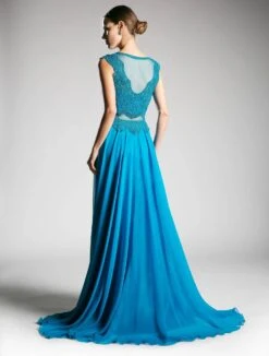 Cinderella Divine CD0113 Illusion Beaded Formal Gown Cap Sleeves(Mauve Illusion Beaded Formal Gown Cap Sleeves With Slit) -Dress Promotion Store cd0113 teal back