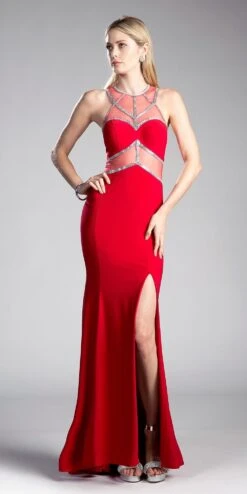 Cinderella Divine CD0115 Formal Gown Sheer Cut-Out Bodice With Slit(Black Gold Prom Gown Sheer Cut Out Bodice With Slit) -Dress Promotion Store cd0115 red