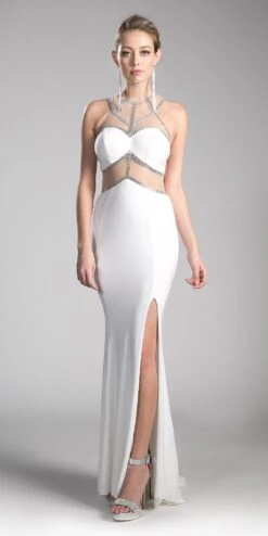 Cinderella Divine CD0115 Formal Gown Sheer Cut-Out Bodice With Slit(Black Gold Prom Gown Sheer Cut Out Bodice With Slit)