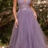 Cinderella Divine CD0154 Long Dress Beaded Applique Bodice Layered Tulle Skirt(Long A Line Dress Smokey Blue Beaded Applique Bodice Layered Tulle Skirt) -Dress Promotion Store cd0154 englishviolet 1