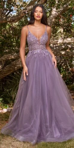 Cinderella Divine CD0154 Long Dress Beaded Applique Bodice Layered Tulle Skirt(Long A Line Dress Smokey Blue Beaded Applique Bodice Layered Tulle Skirt)