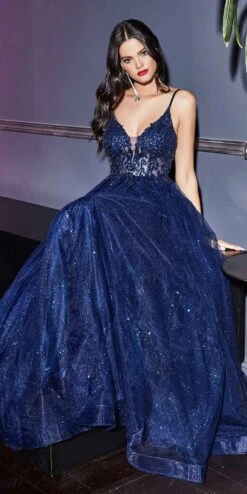 Cinderella Divine CD0154 Long Dress Beaded Applique Bodice Layered Tulle Skirt(Long A Line Dress Smokey Blue Beaded Applique Bodice Layered Tulle Skirt) -Dress Promotion Store cd0154 navy
