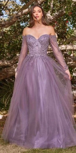 Cinderella Divine CD0172 A-Line Layered Tulle Gown Off The Shoulder Long Sleeve(Cinderella Divine Cd0172 A Line Layered Smokey Blue Tulle Gown Off The Shoulder Long Sleeve)