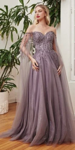Ladivine CD0204 Floor Length A-Line Gown With Cape Sleeves(Ladivine Cd0204 Floor Length A Line Gown With Cape Sleeves) -Dress Promotion Store cd0204 englishviolet