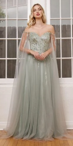Ladivine CD0204 Floor Length A-Line Gown With Cape Sleeves(Ladivine Cd0204 Floor Length A Line Gown With Cape Sleeves) -Dress Promotion Store cd0204 sage