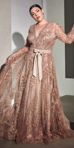 Cinderella Divine CD233 Long Sleeve Embellished Ball Gown(Long Sleeve Embellished Ball Gown By Cinderella Divine Cd233) -Dress Promotion Store cd233c rosegold 1