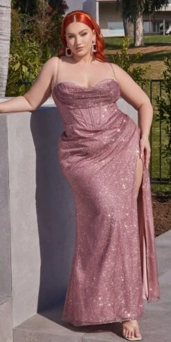 Ladivine CD254 Long Glitter Corset Gown With Cowl Neck And Slit(Ladivine Cd254 Long Glitter Corset Gown With Cowl Neck And Slit) -Dress Promotion Store cd254c rosewood