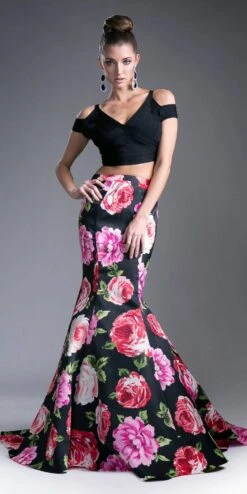 Cinderella Divine CD701L Long Printed Mermaid Skirt(Two Piece Prom Gown Lace White Top Printed Mermaid Skirt) -Dress Promotion Store cd701l with top3 1