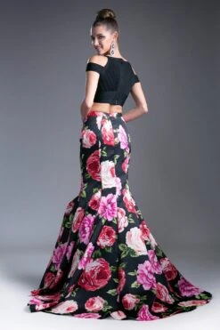 Cinderella Divine CD701L Long Printed Mermaid Skirt(Two Piece Prom Gown Lace White Top Printed Mermaid Skirt) -Dress Promotion Store cd701l with top3 2