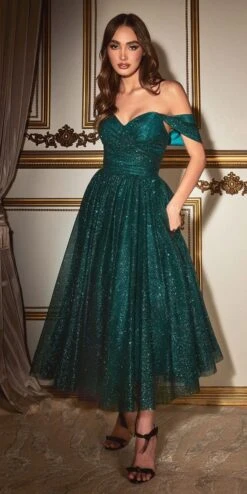 Ladivine CD870 Off The Shoulder Tea Length Glitter Dress With Pockets(Ladivine Cd870 Off The Shoulder Tea Length Glitter Dress With Pockets) -Dress Promotion Store cd870 emerald