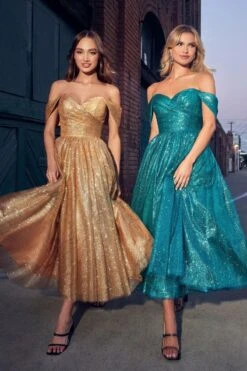 Ladivine CD870 Off The Shoulder Tea Length Glitter Dress With Pockets(Ladivine Cd870 Off The Shoulder Tea Length Glitter Dress With Pockets) -Dress Promotion Store cd870 gold turquoise