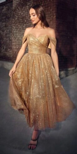 Ladivine CD870 Off The Shoulder Tea Length Glitter Dress With Pockets(Ladivine Cd870 Off The Shoulder Tea Length Glitter Dress With Pockets) -Dress Promotion Store cd870 gold 1