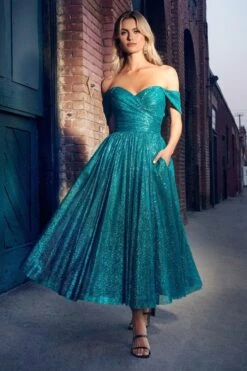 Ladivine CD870 Off The Shoulder Tea Length Glitter Dress With Pockets(Ladivine Cd870 Off The Shoulder Tea Length Glitter Dress With Pockets) -Dress Promotion Store cd870 turq 3