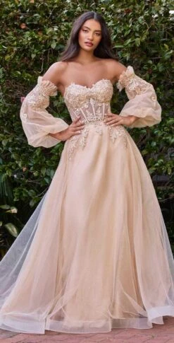 Cinderella Divine CD948 Princess-Like A-Line Tulle Gown Removable Blouson Sleeves(Princess Like Dusty Rose A Line Tulle Gown Removable Blouson Sleeves)