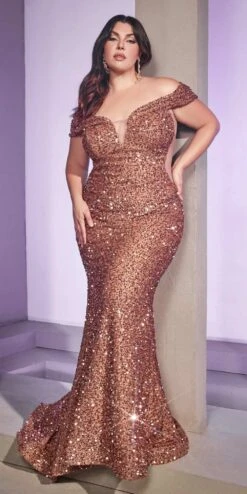 Cinderella Divine CD975 Long Off The Shoulder Sequin Mermaid Gown(Long Off The Shoulder Sequin Mermaid Gown By Cinderella Divine Cd975) -Dress Promotion Store cd975C rosegold