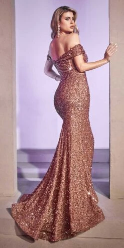 Cinderella Divine CD975 Long Off The Shoulder Sequin Mermaid Gown(Long Off The Shoulder Sequin Mermaid Gown By Cinderella Divine Cd975) -Dress Promotion Store cd975 rosegold 1