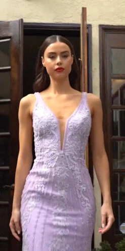 Cinderella Divine CD981 Long Pastel Column Beaded Lace Dress(Long Pastel Column Beaded Lace Dress By Cinderella Divine Cd981) -Dress Promotion Store cd981 lilac