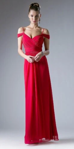 Cinderella Divine CH527 Cold Shoulder Pleated Bodice Long Dress V-Back(Champagne Cold Shoulder Pleated Bodice Long Formal Dress V Back) -Dress Promotion Store ch527 red