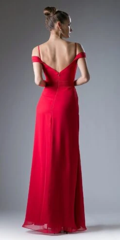 Cinderella Divine CH527 Cold Shoulder Pleated Bodice Long Dress V-Back(Champagne Cold Shoulder Pleated Bodice Long Formal Dress V Back) -Dress Promotion Store ch527 red back