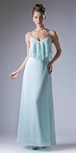 Cinderella Divine CH537 V-Neck Long Chiffon Dress Ruffled Bodice(Blush V Neck Spaghetti Strap Long Bridesmaids Dress Ruffled Bodice)