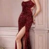 Cinderella Divine HT168 Lace Up Back With Slit Sequins Formal Gown(Lace Up Back With Slit Sequins Formal Gown By Cinderella Divine Ht168) -Dress Promotion Store ht168 burgundy