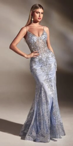 Cinderella Divine J810 Long Fitted Mermaid Gown Metallic Embroidered Lace(Long Fitted Smokey Blue Mermaid Gown Metallic Embroidered Lace) -Dress Promotion Store j810 ltblue 1