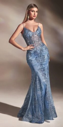 Cinderella Divine J810 Long Fitted Mermaid Gown Metallic Embroidered Lace(Long Fitted Smokey Blue Mermaid Gown Metallic Embroidered Lace) -Dress Promotion Store j810 parisblue 1 2