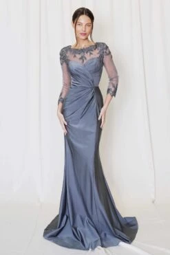 Juno M1040 Dress Luxe Embroidered Sheer Draped Gown(Juno M1040 Dress Luxe Embroidered Sheer Draped Gown)