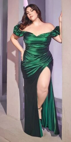 Cinderella Divine KV1056 Fitted Gathered Satin Gown(Fitted Gathered Satin Gown By Cinderella Divine Kv1056) -Dress Promotion Store kv1056c emerald