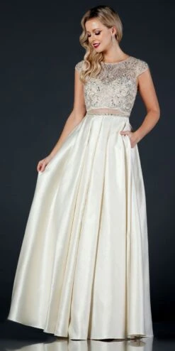 CLEARANCE - Aspeed L2157 Short Sleeved Long A-Line Dress Sheer Midriff (Size Large)(Clearance Aspeed L2157 Short Sleeved Long A Line Dress Sheer Midriff Size Large) -Dress Promotion Store l2157 champagne 1