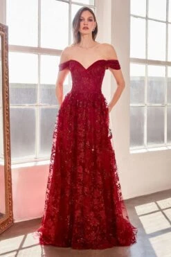Ladivine Amoris T607 Glitter Print Off The Shoulder A-Line Prom Gown(Ladivine Amoris T607 Glitter Print Off The Shoulder A Line Prom Gown) -Dress Promotion Store t607 burgundy front