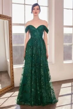 Ladivine Amoris T607 Glitter Print Off The Shoulder A-Line Prom Gown(Ladivine Amoris T607 Glitter Print Off The Shoulder A Line Prom Gown) -Dress Promotion Store t607 emerald front