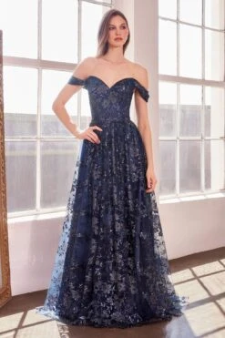 Ladivine Amoris T607 Glitter Print Off The Shoulder A-Line Prom Gown(Ladivine Amoris T607 Glitter Print Off The Shoulder A Line Prom Gown) -Dress Promotion Store t607 navy front