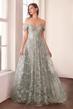 Ladivine Amoris T607 Glitter Print Off The Shoulder A-Line Prom Gown(Ladivine Amoris T607 Glitter Print Off The Shoulder A Line Prom Gown) -Dress Promotion Store t607 silver front