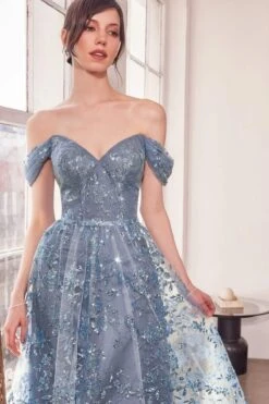 Ladivine Amoris T607 Glitter Print Off The Shoulder A-Line Prom Gown(Ladivine Amoris T607 Glitter Print Off The Shoulder A Line Prom Gown) -Dress Promotion Store t607 smoky blue 1