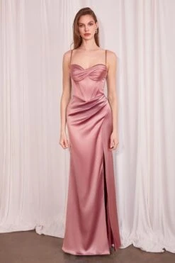 Ladivine Amoris T608 Long Fitted Satin Prom Gown Corset Bodice Slit(Ladivine Amoris T608 Long Fitted Satin Prom Gown Corset Bodice Slit) -Dress Promotion Store t608 rose wood front