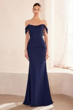 Ladivine Amoris T705 Off Shoulder Fitted Bridesmaid Gown(Ladivine Amoris T705 Off Shoulder Fitted Bridesmaid Gown) -Dress Promotion Store t705 navy front