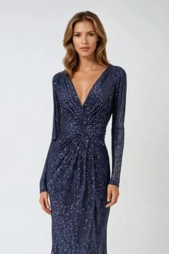 Ladivine Amoris T807 Knee Length Long Sleeve Sequin Dress V-Neckline(Ladivine T807 Knee Length Long Sleeve Sequin Dress V Neckline)