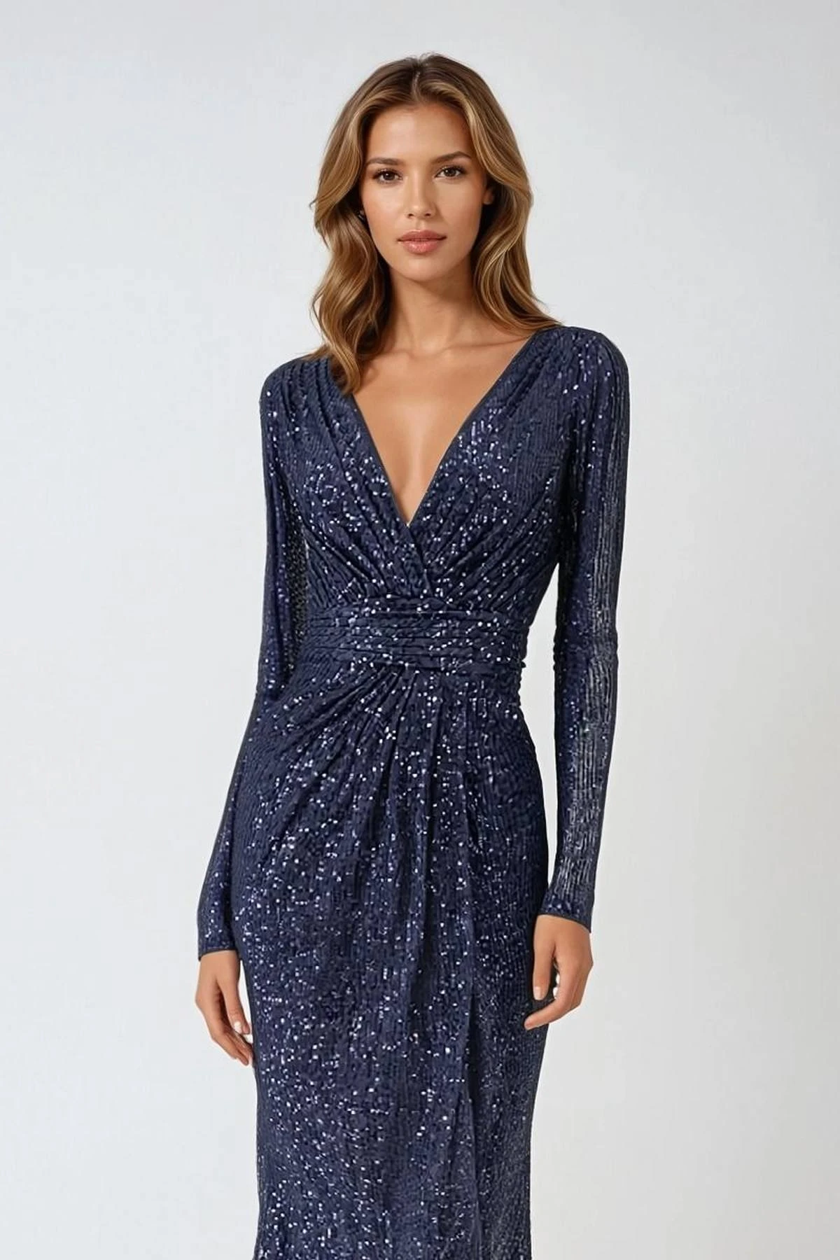 Ladivine Amoris T807 Knee Length Long Sleeve Sequin Dress V-Neckline(Ladivine T807 Knee Length Long Sleeve Sequin Dress V Neckline) 3 Ladivine Amoris T807 Knee Length Long Sleeve Sequin Dress V-Neckline(Ladivine T807 Knee Length Long Sleeve Sequin Dress V Neckline)