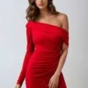 Ladivine Amoris T808 One Sleeve Off Shoulder Fitted Gown With Slit(Ladivine T808 One Sleeve Off Shoulder Fitted Gown With Slit) -Dress Promotion Store t808 red