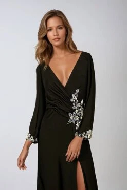 Ladivine Amoris T809 Long Sleeve V-Neckline Embellished Leg Slit Gown(Ladivine T809 Long Sleeve V Neckline Embellished Leg Slit Gown)