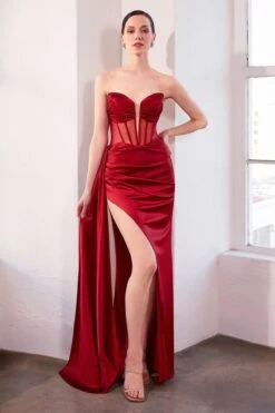 Ladivine Amoris T811 Long Fitted Satin Strapless Evening Gown(Ladivine Amoris T811 Long Fitted Satin Strapless Evening Gown) -Dress Promotion Store t811 deep red front